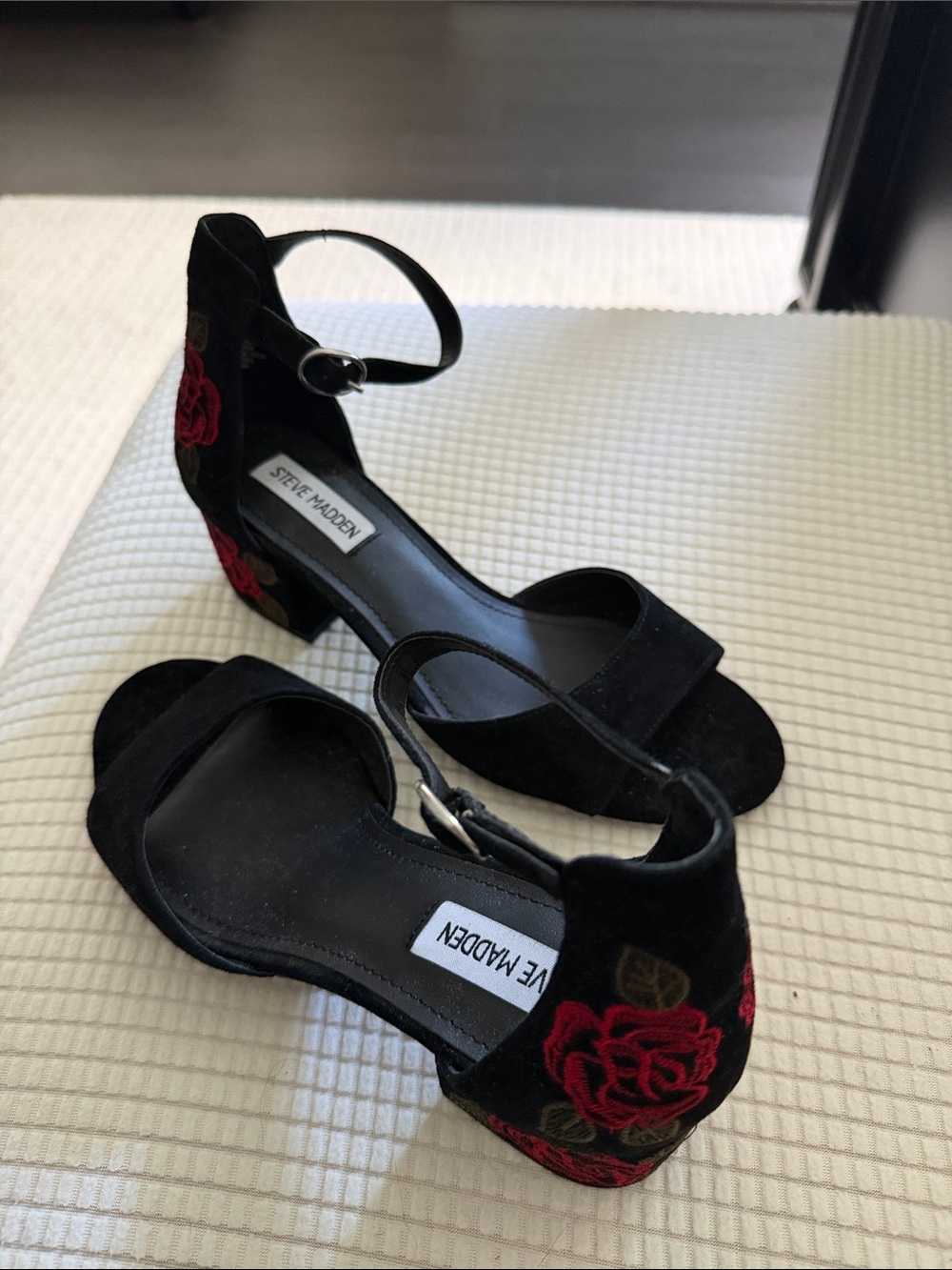 Steve Madden Black Suede Ankle-Strap Heels with Red Rose Embroidery